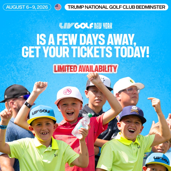 Young fans cheering in LIV Golf caps, promoting limited ticket availability.