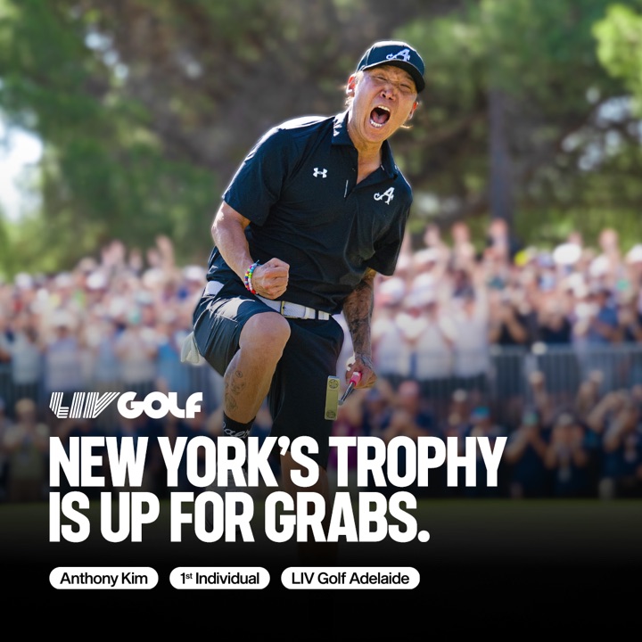 Anthony Kim celebrating a putt, captioned New York's trophy is up for grabs.