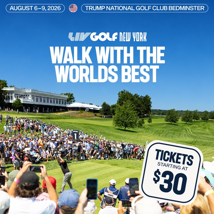 LIV Golf New York ticket ad: a packed gallery watching a tee shot, with tickets starting at $30.