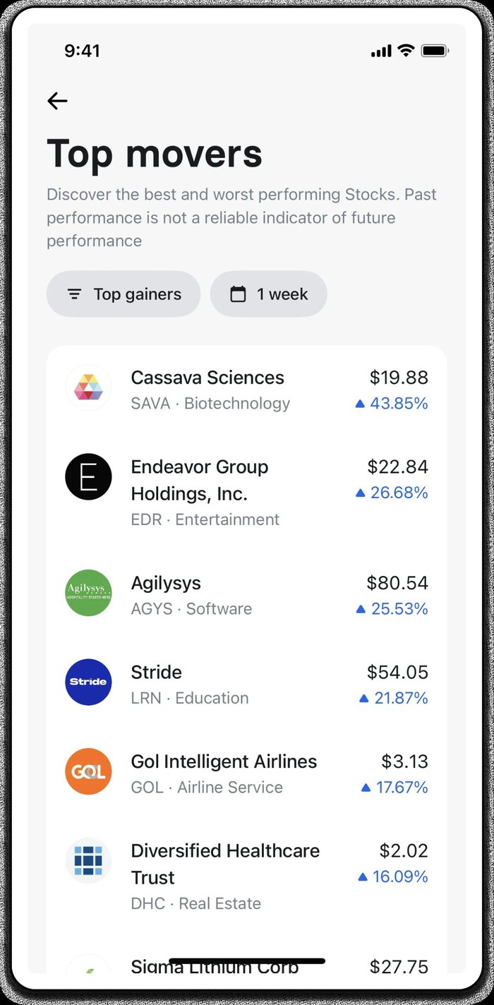 A finance app listing top movers with percentage changes.
