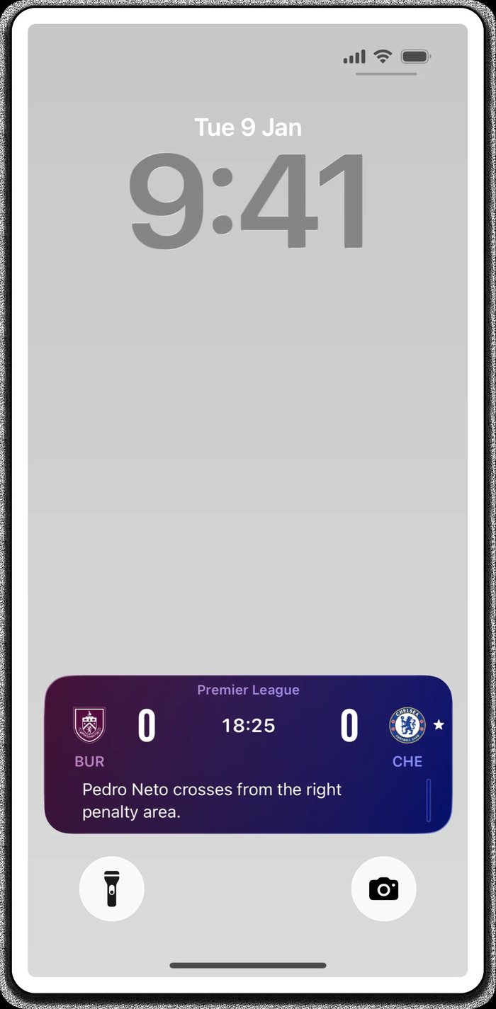 A phone lock screen showing a live match update written as a sentence.