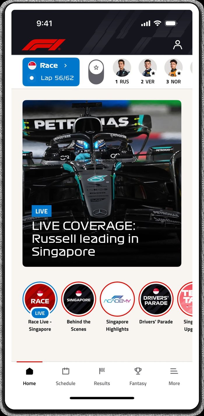 A live race hub with a lead headline and entry tiles beneath it.