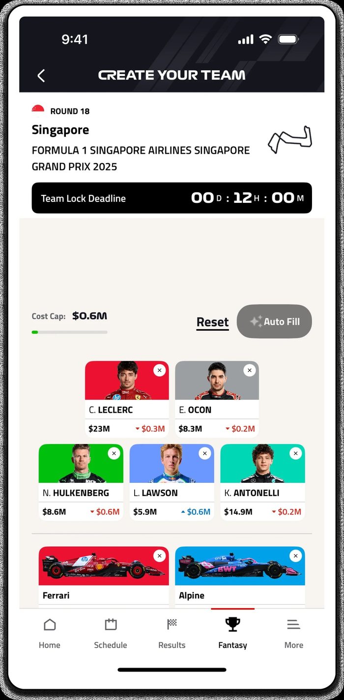 A fantasy team builder with driver picks and a remaining budget.