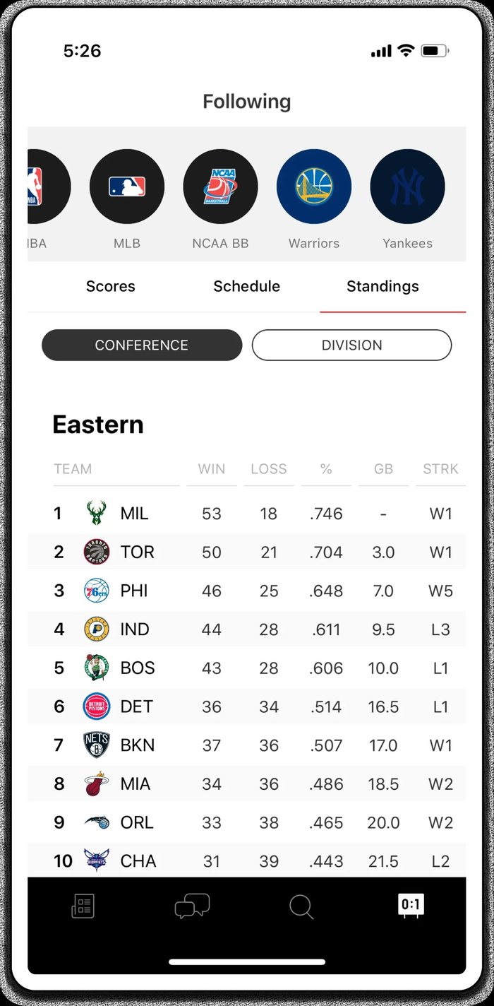 A following tab with followed team badges across the top and fixtures below.