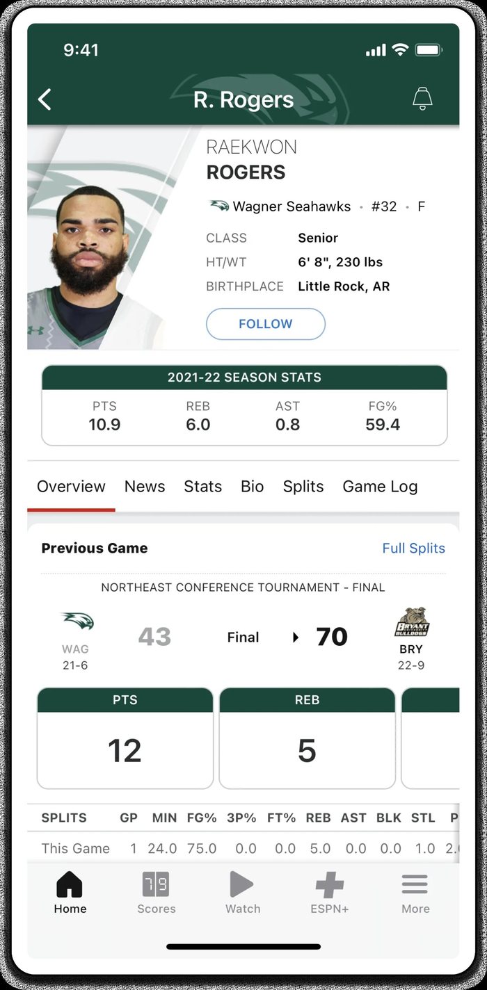 A player profile page with a follow button and season statistics.