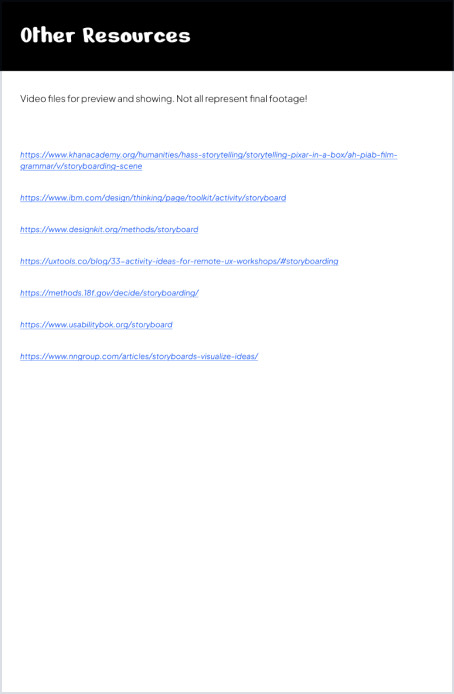 Reference sheet of footage links for preview and showing.